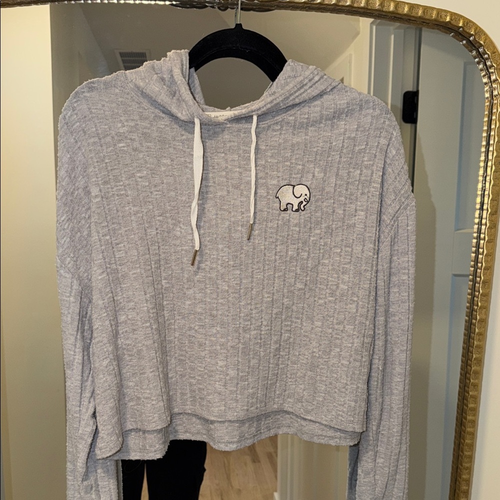Ivory Ella Heather Gray Ribbed Cropped Hoodie with Cream Drawstrings